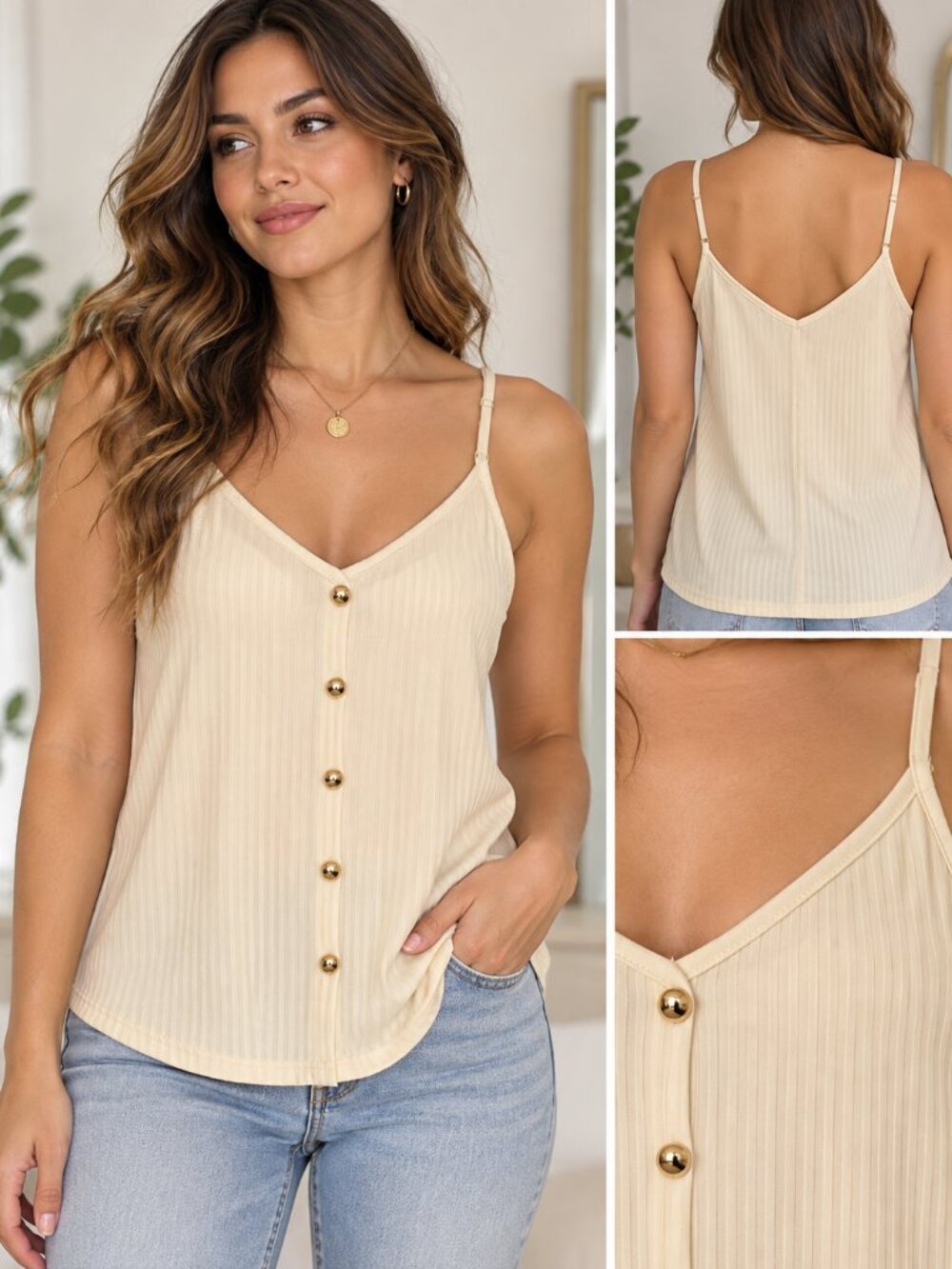 Ivory Ribbed Cami Top with Gold Button Detail